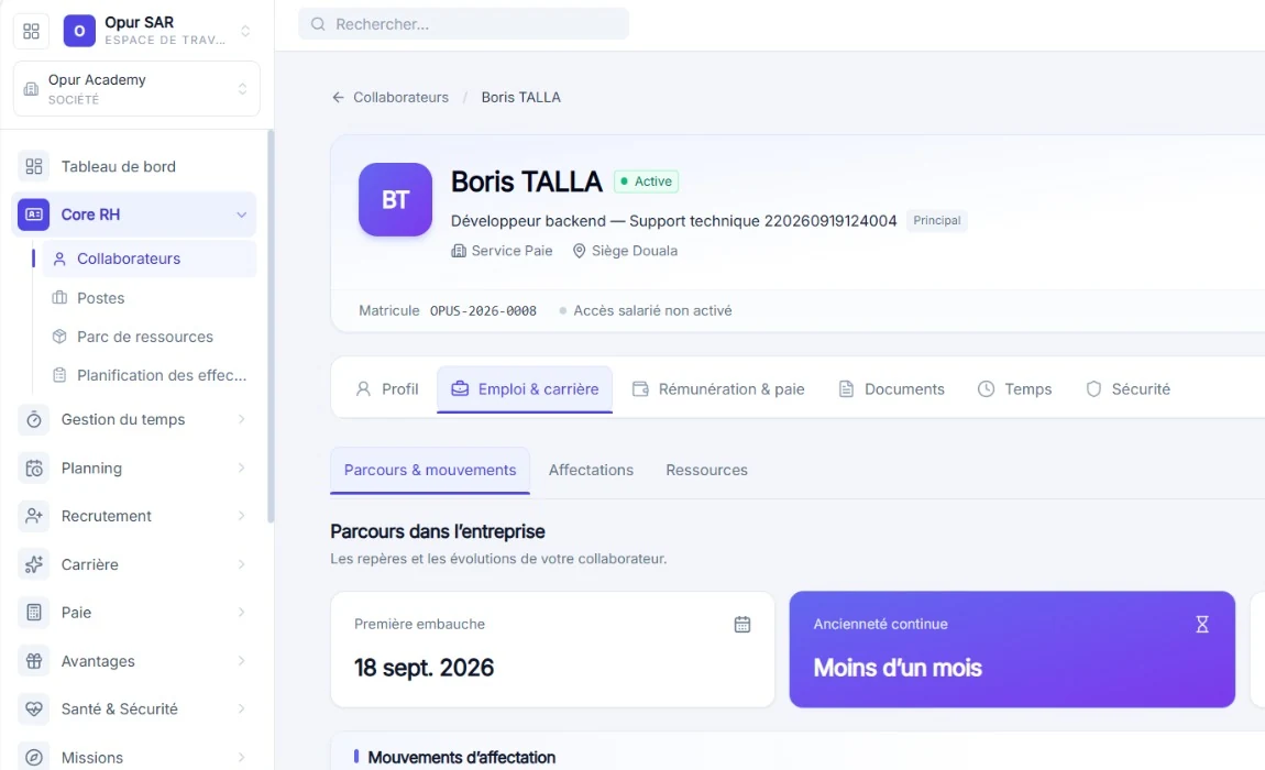 Fiche collaborateur dans Fluxoon : poste, affectation et parcours dans l'entreprise